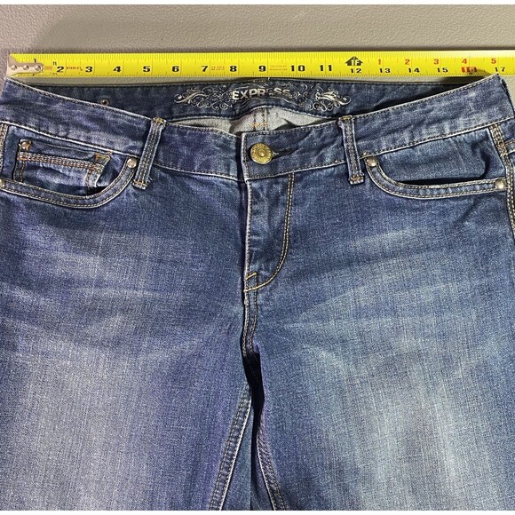 EXPRESS STELLA Jeans Low Rise Bootcut Dark Wash Embroidered Denim Womens 10 Blue - Picture 4 of 11